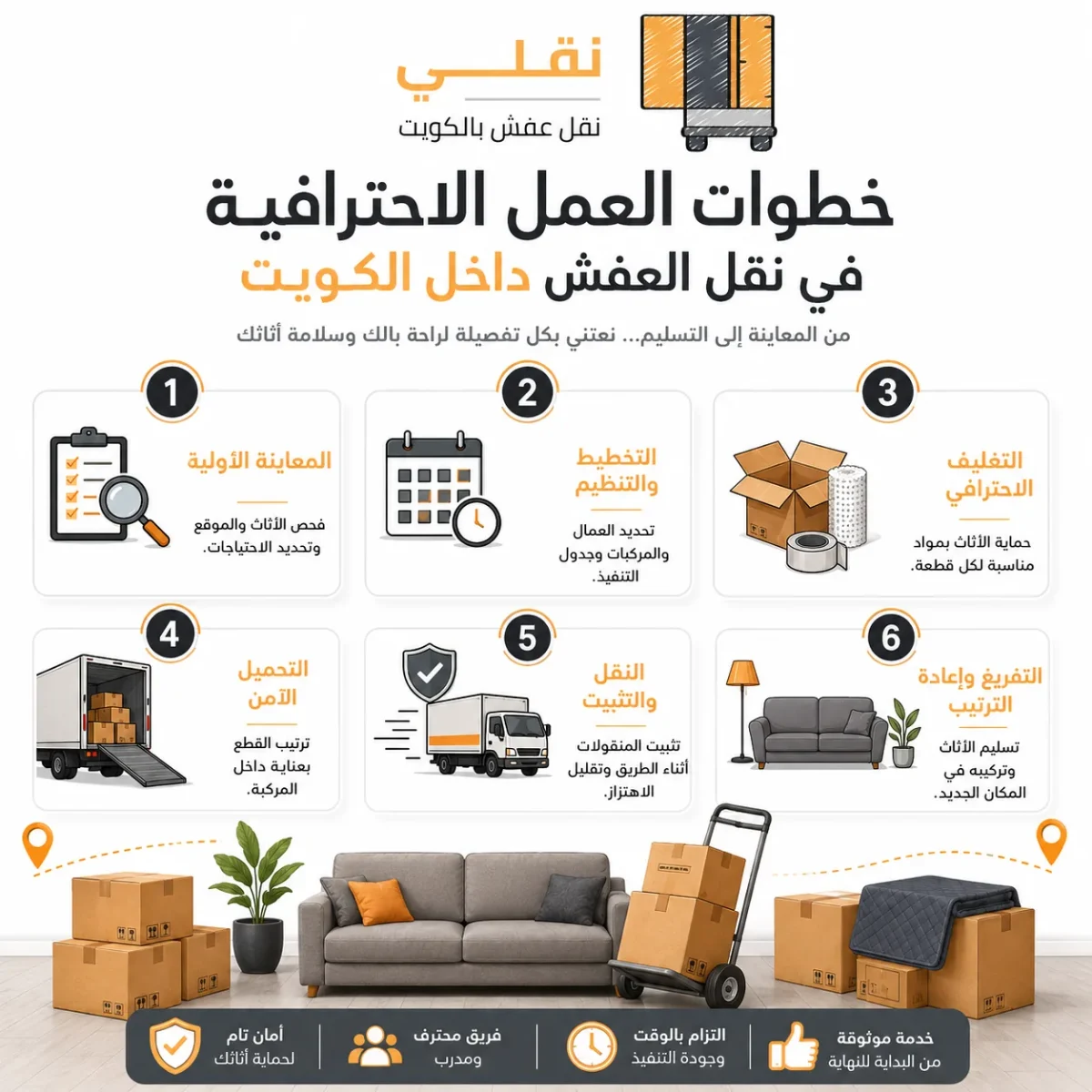 خطوات العمل الاحترافية في نقل العفش داخل الكويت